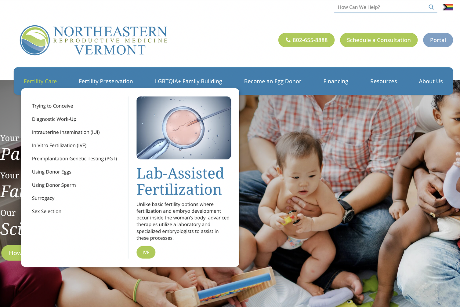 Northeastern Reproductive Medicine site promoting lab-assisted fertilization and family building.