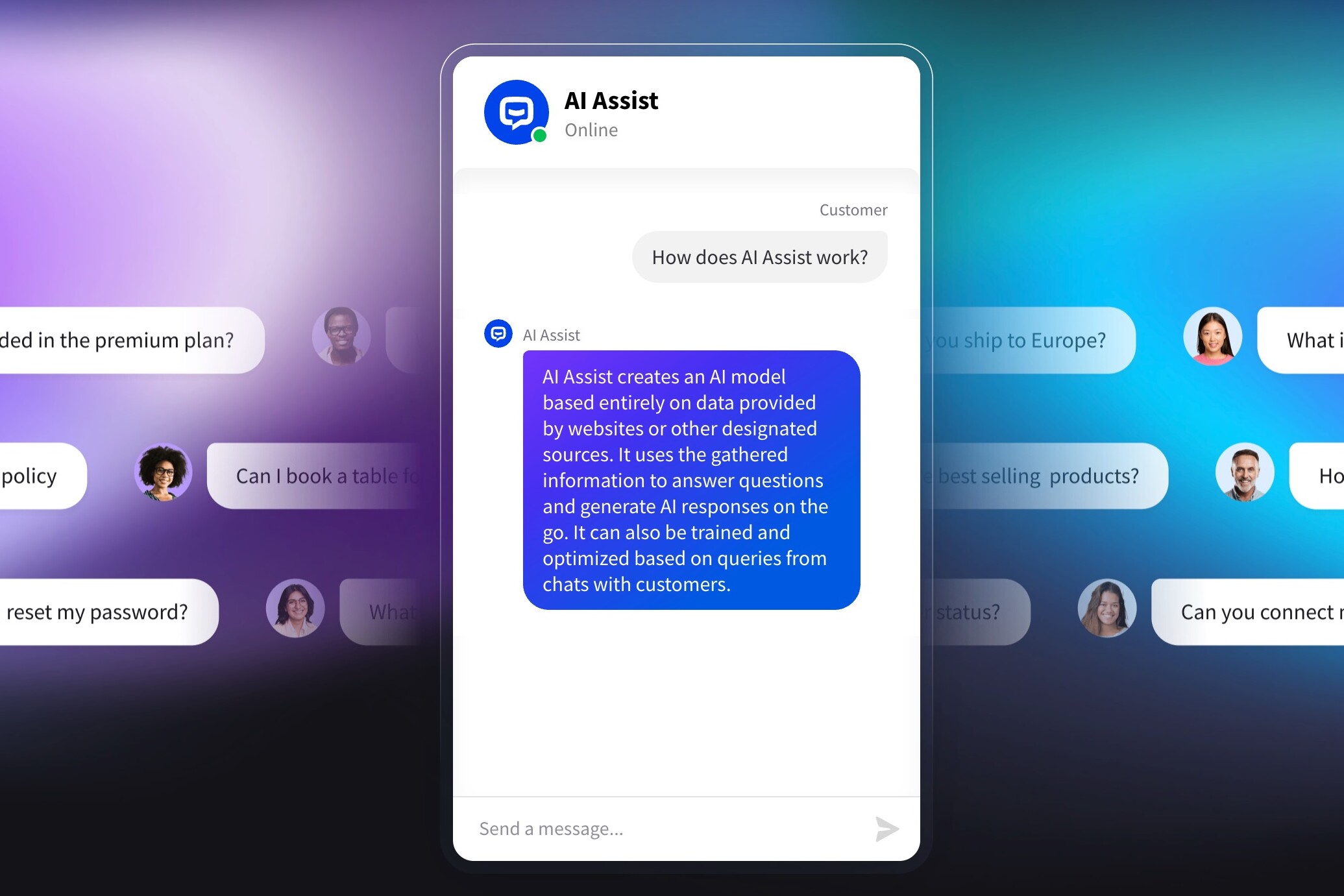 Chat interface featuring AI Assist answering customer queries. Highlights AI model capabilities.
