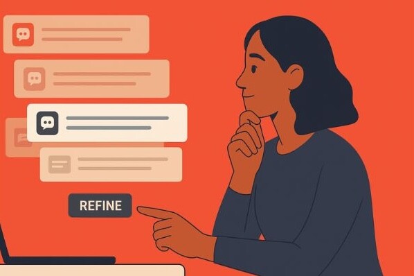 A person sits at a laptop, contemplating and hovering over a "REFINE" button with chat messages nearby.