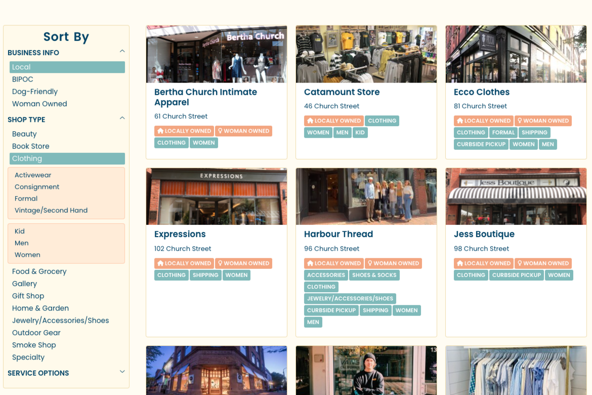 Local clothing stores on Church Street, featuring women's, men's, and children's apparel.