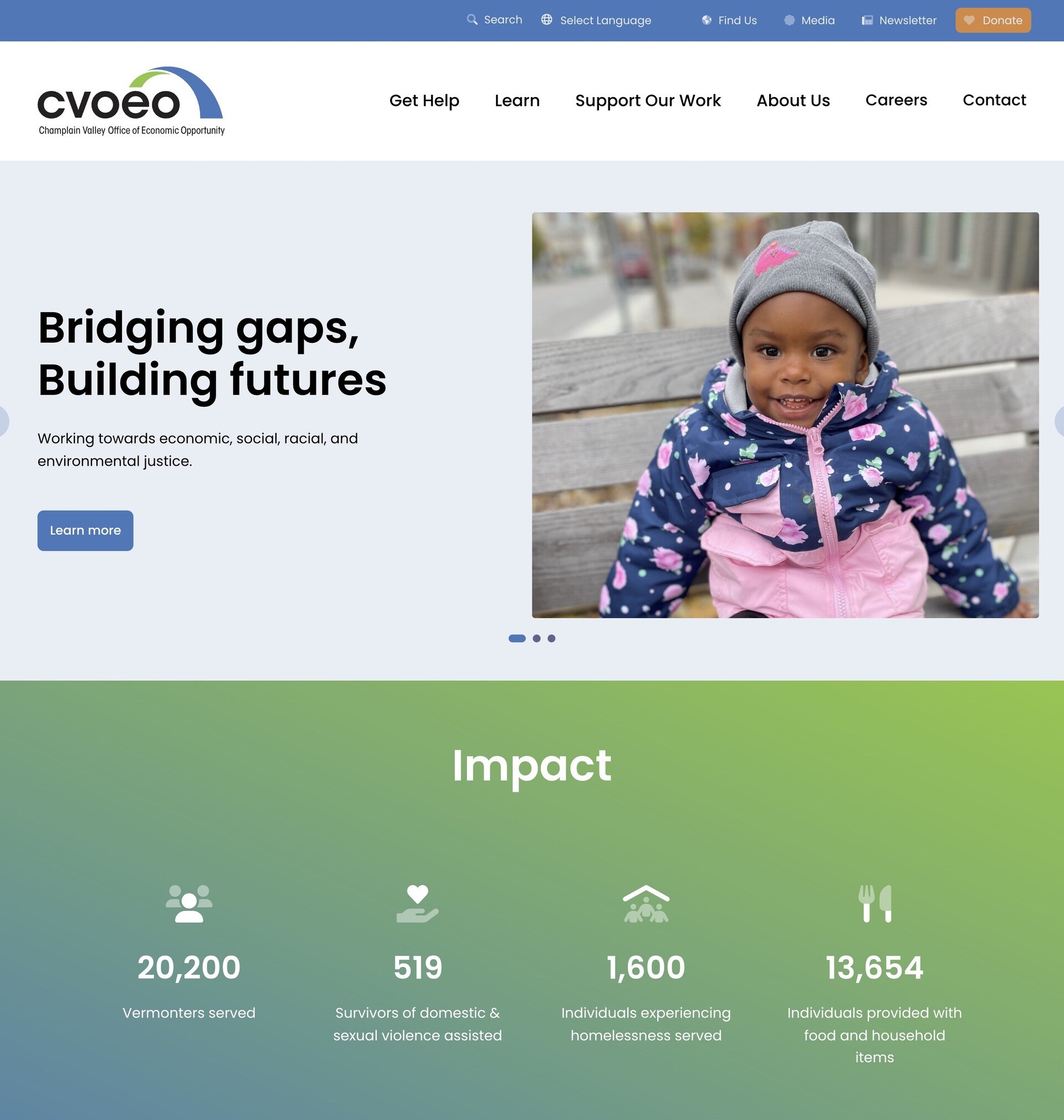 Homepage of CVEO highlighting community support and young girl smiling outdoors.