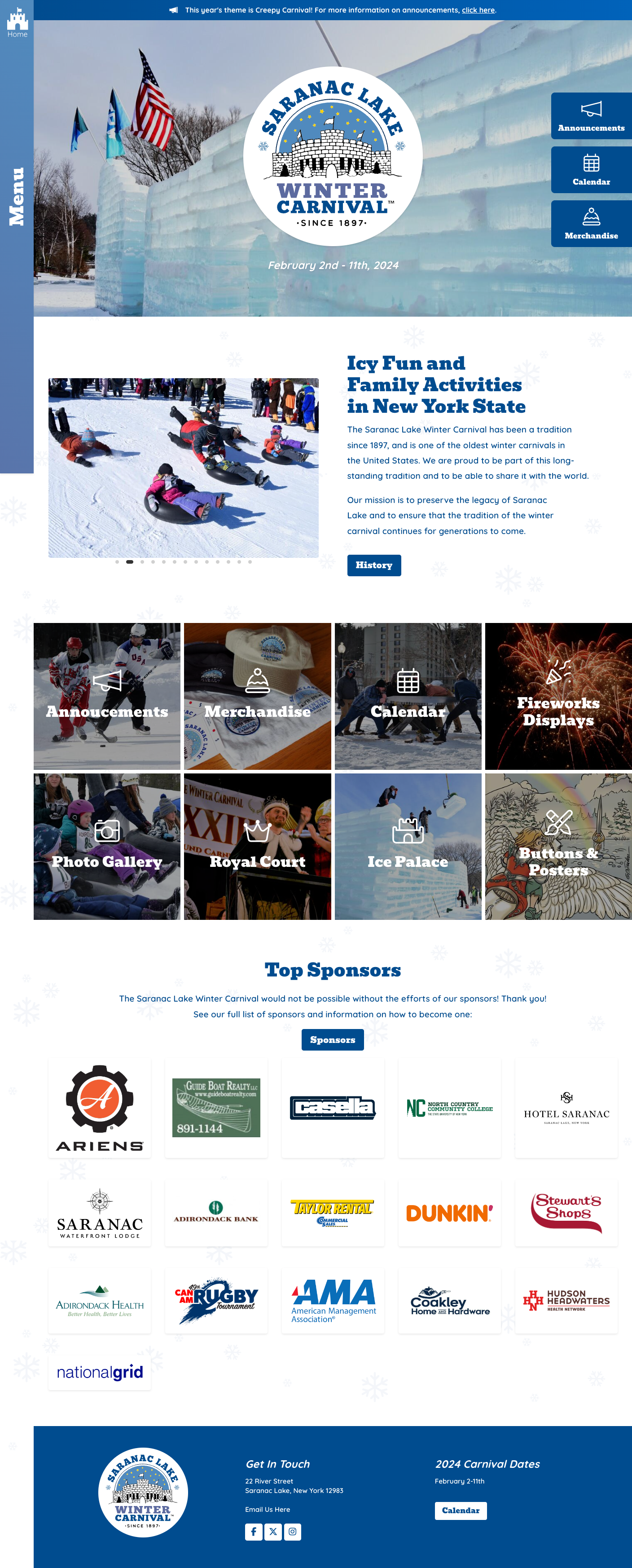 Website for the Saranac Lake Winter Carnival, featuring events from February 2-11, 2024.