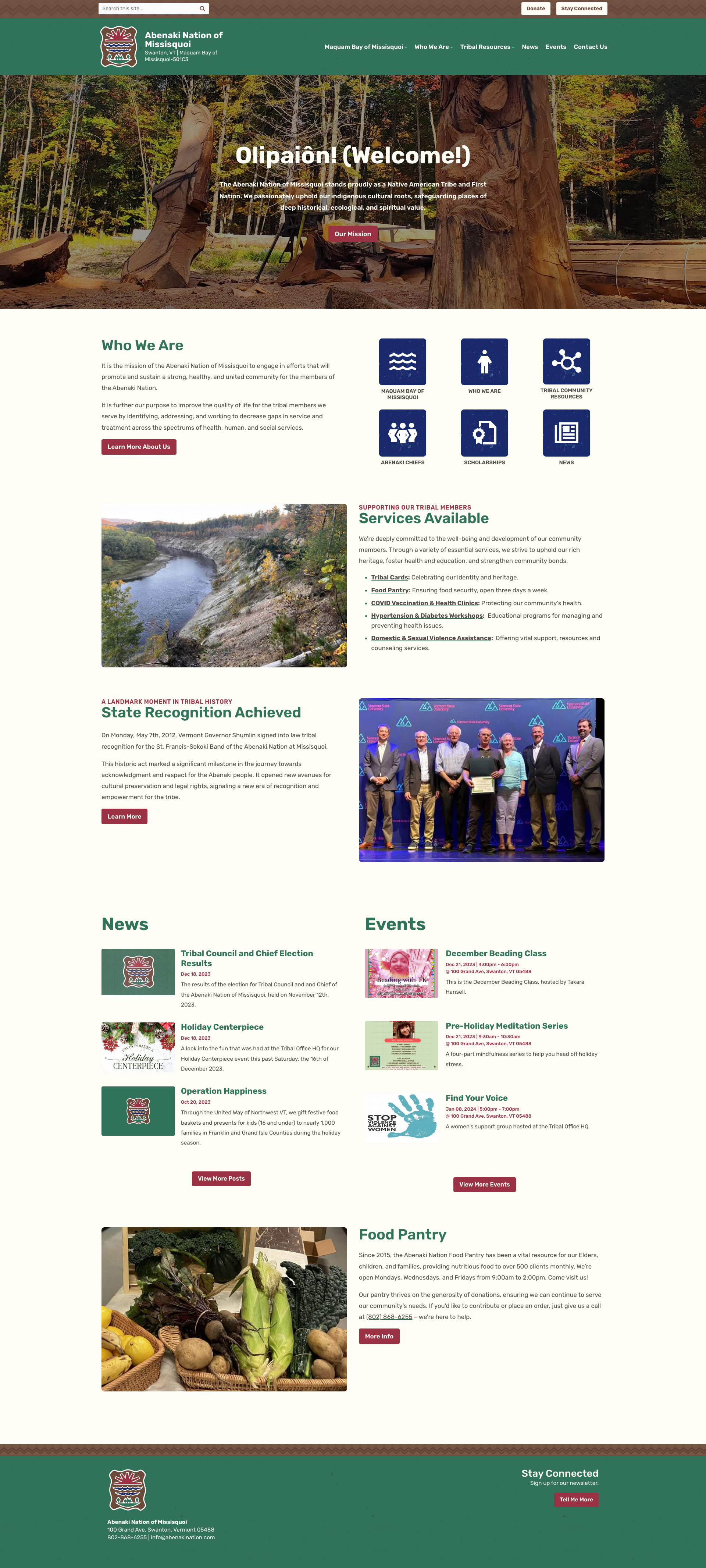 Abenaki Nation of Missisquoi website homepage overview, featuring services and news updates.