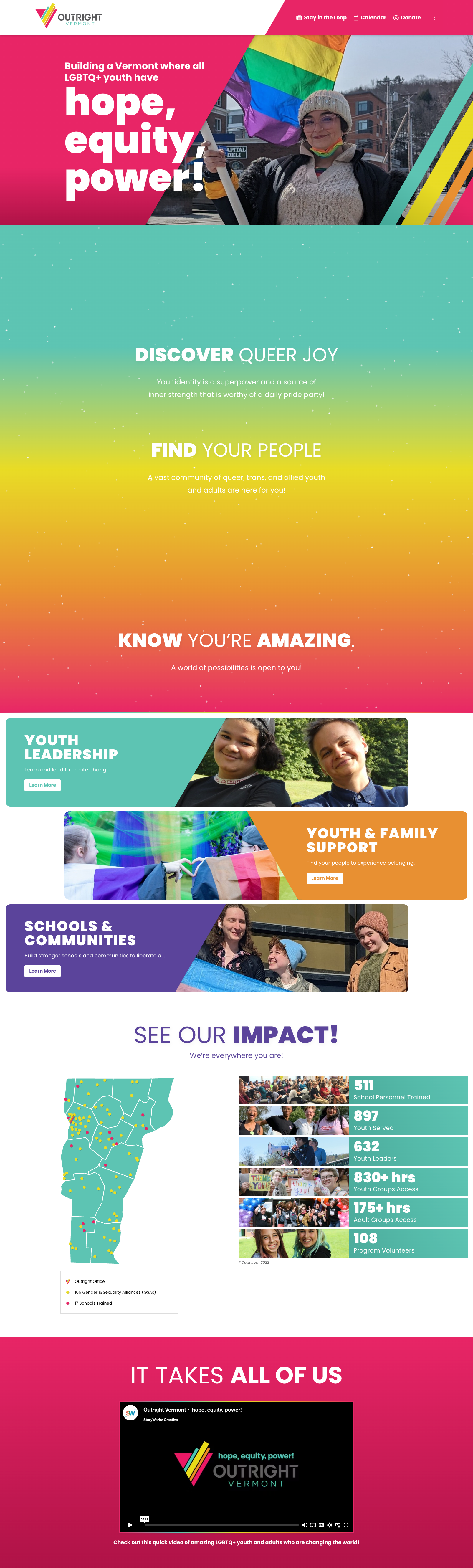 Homepage of Outright Vermont promoting LGBTQ+ youth support and community engagement.