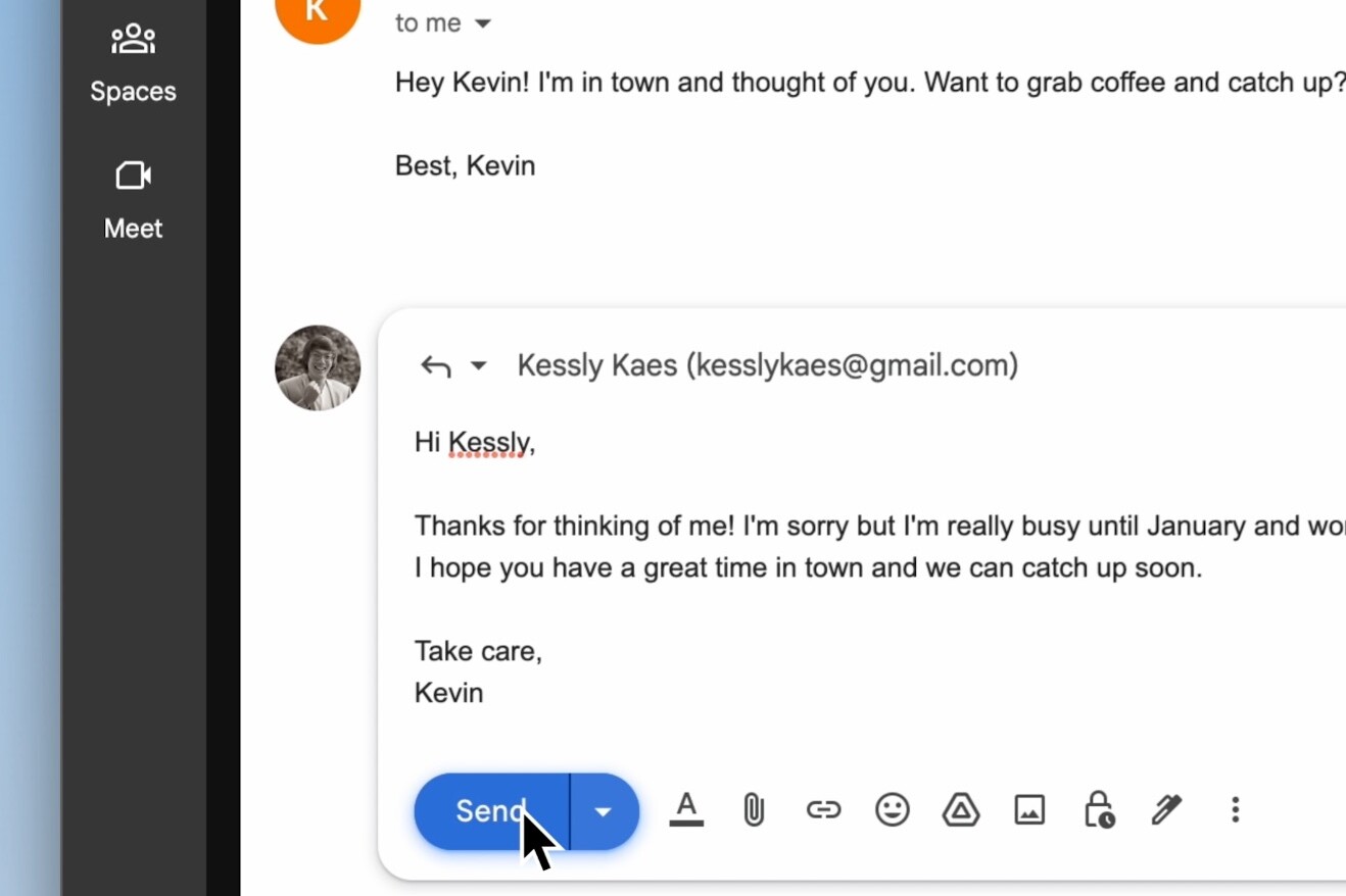Email conversation about meeting for coffee; one person is busy until January.