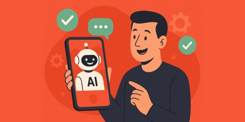 Person holding a phone displaying a smiling AI robot, with checkmarks in the background.
