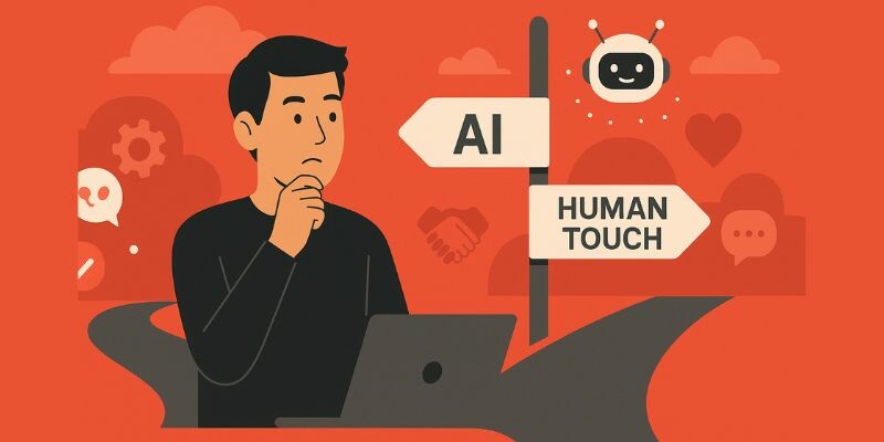 A person ponders at a crossroads, contemplating AI vs. human touch.
