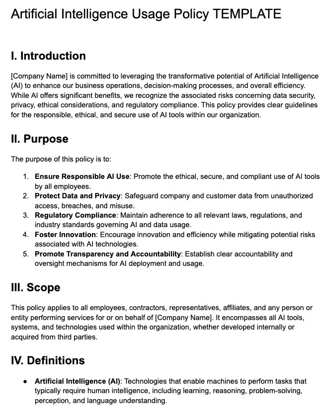 Text document detailing an Artificial Intelligence Usage Policy template.