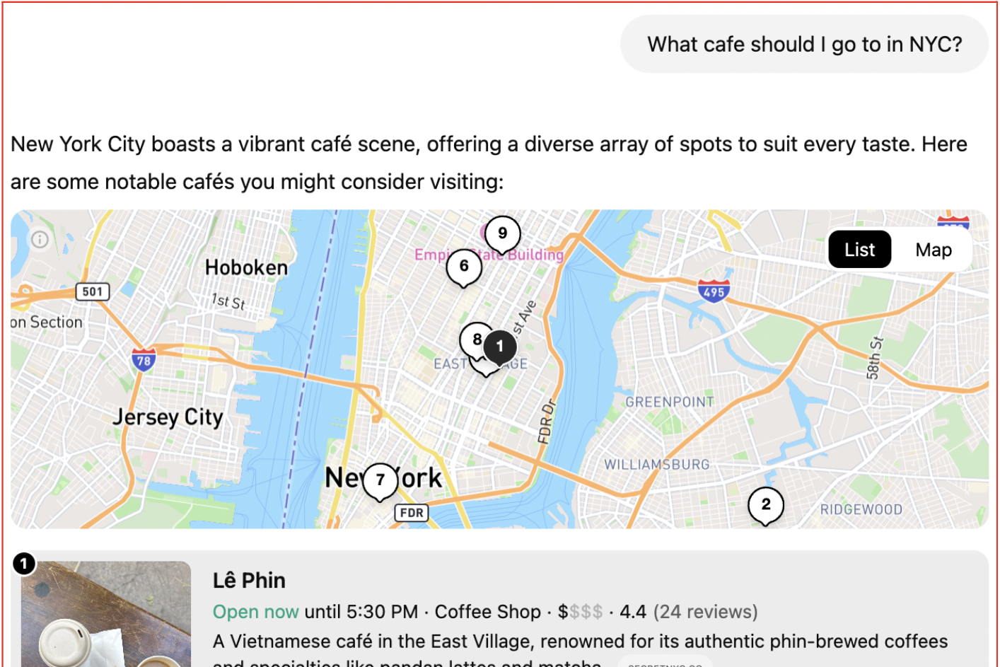 ai search results for cafe in nyc with map