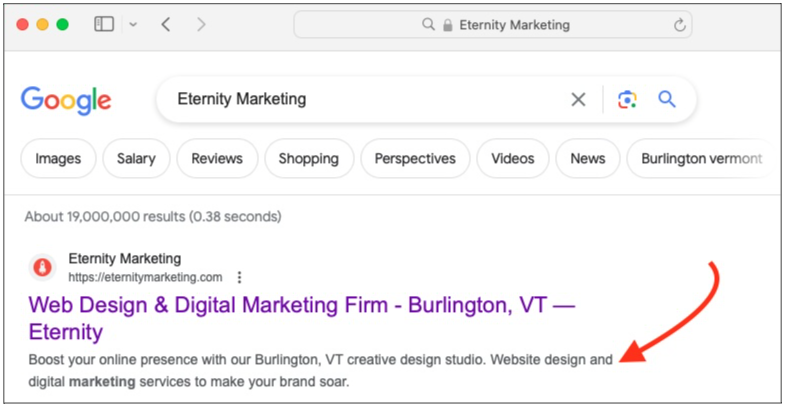 Screenshot of Eternity's website Meta Description in Google search results.
