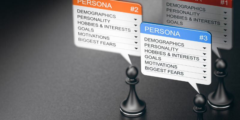 Buyer persona marketing concept. Pawns and speech bubbles with description over black background.