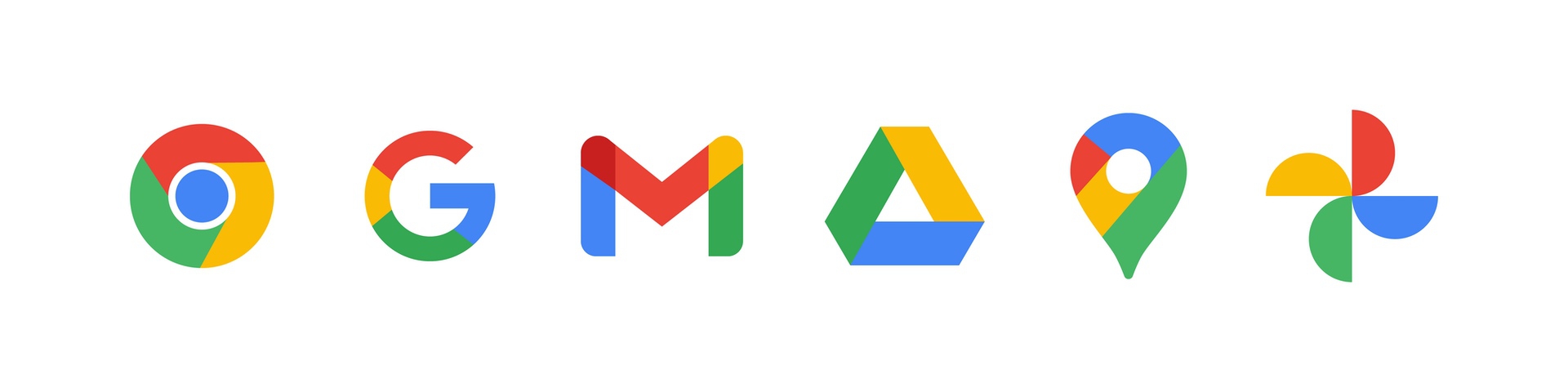 google products icons in horizontal line for chrome, search, mail, drive, maps, photos