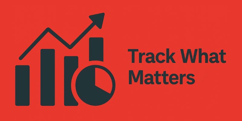 Bar chart, pie chart, and upward arrow graphic with the phrase “Track What Matters” on red background.